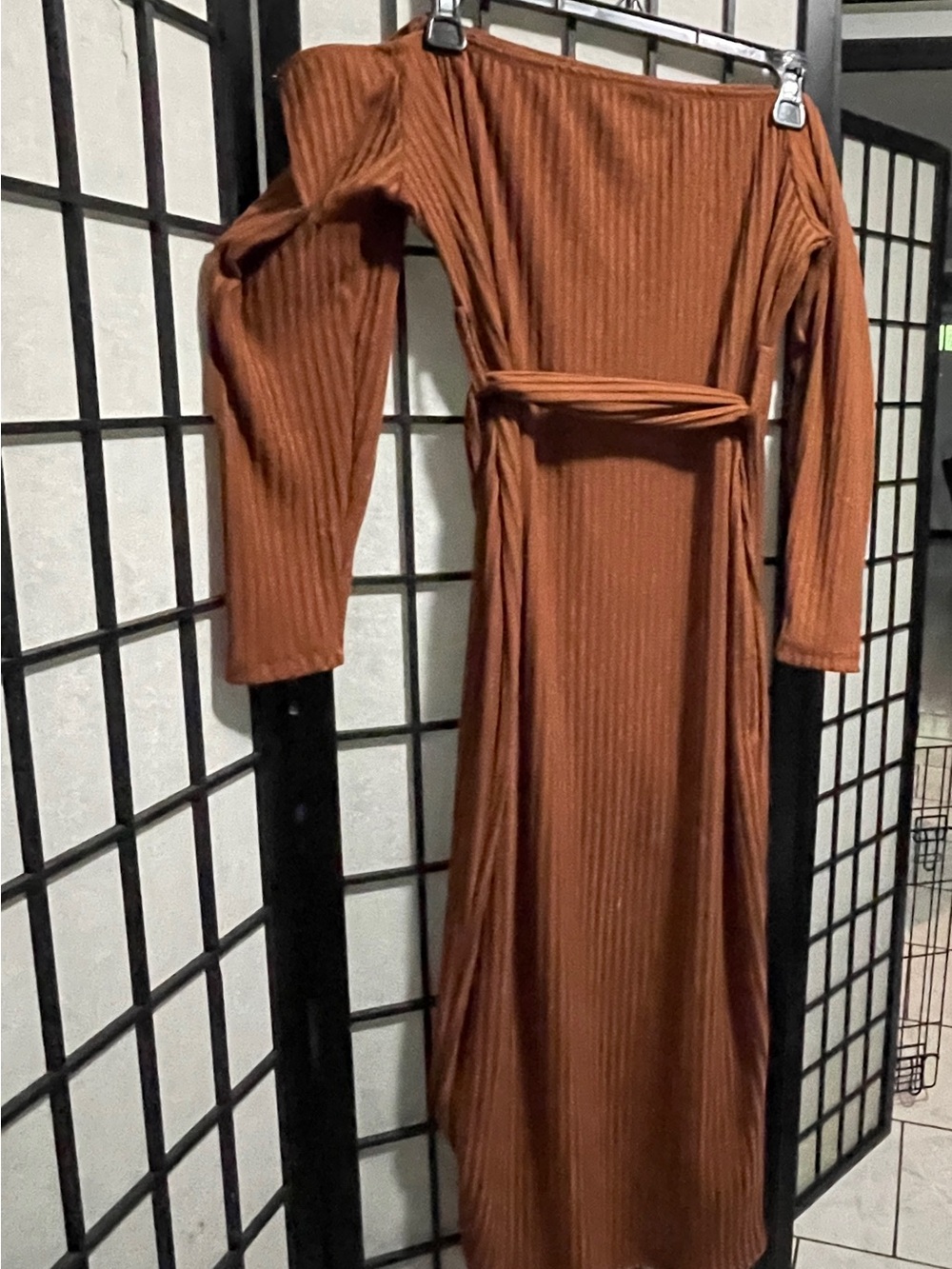 Ribbed Long-Sleeve Maxi Dress with Waist Tie in Rust